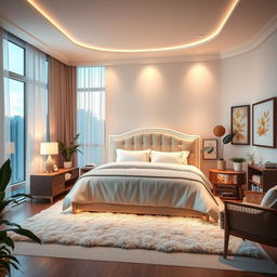 A beautifully designed bedroom featuring a luxurious king-sized bed with an elegant headboard, surrounded by soft, ambient lighting