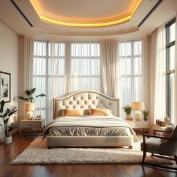 A beautifully designed bedroom featuring a luxurious king-sized bed with an elegant headboard, surrounded by soft, ambient lighting