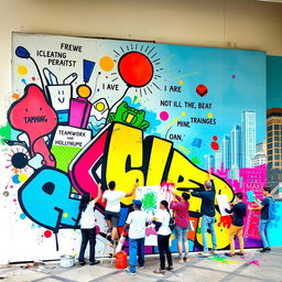 A vibrant and artistic wall poster showcasing a colorful collaborative mural created by various artists