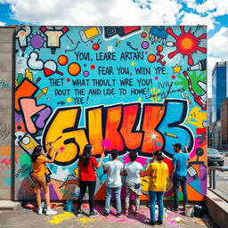 A vibrant and artistic wall poster showcasing a colorful collaborative mural created by various artists