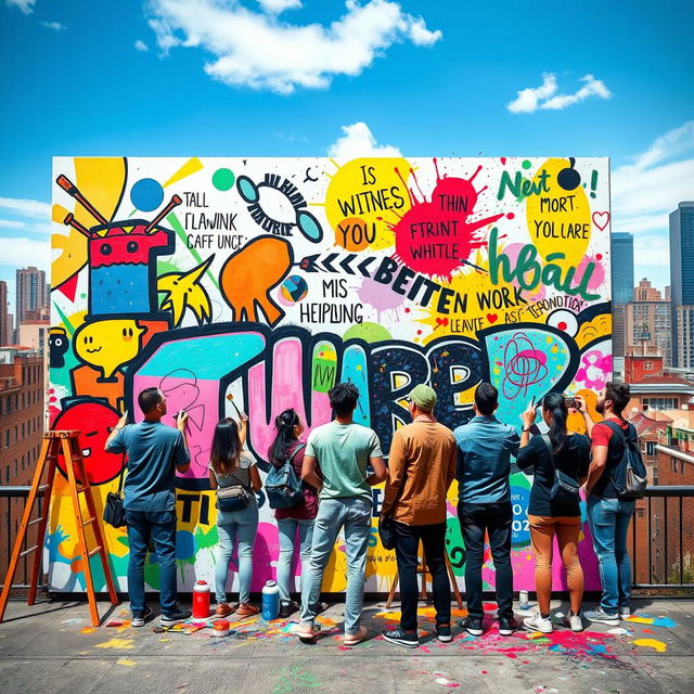 A vibrant and artistic wall poster showcasing a colorful collaborative mural created by various artists