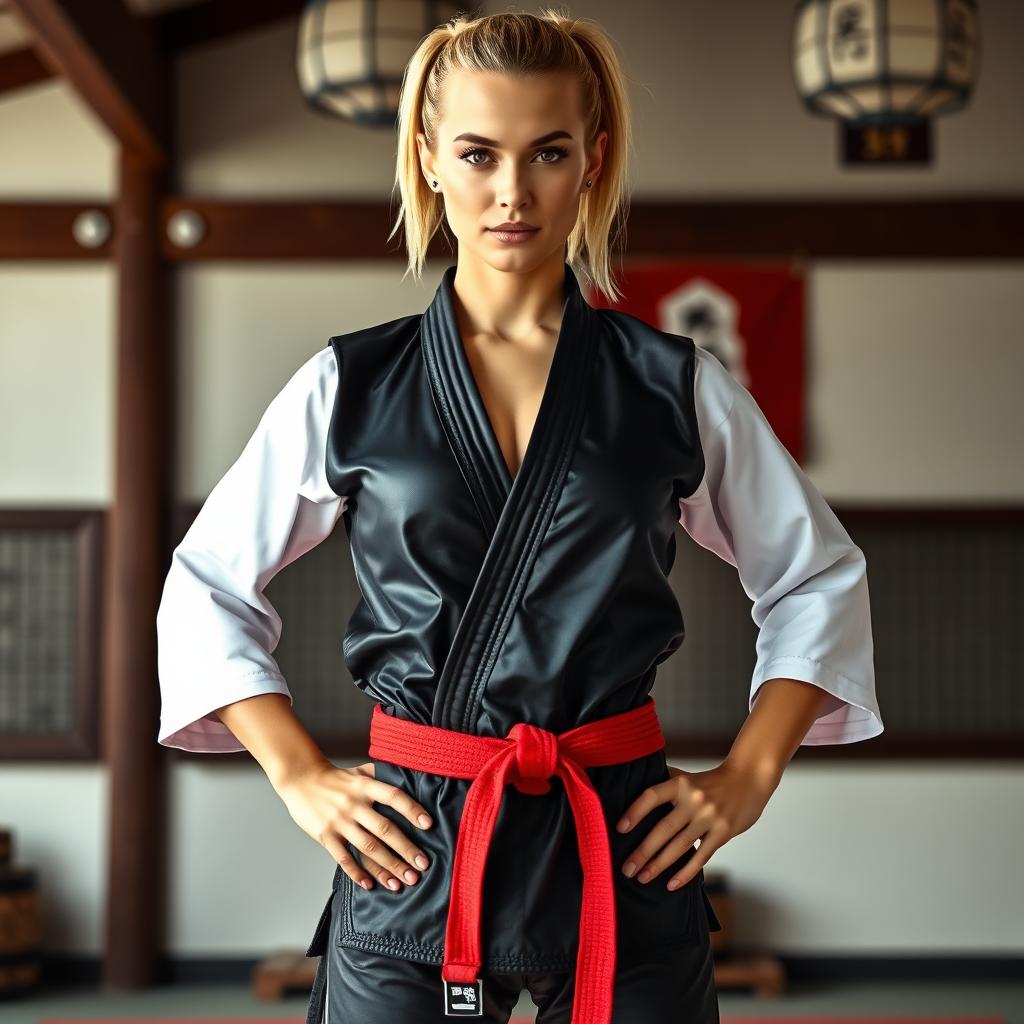 A beautiful athletic woman with blonde hair styled in a short ponytail stands confidently with her hands on her hips
