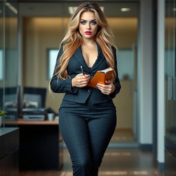 A full-length, head-to-toe photograph of a sexy and curvy young woman with very thick, long, messy dirty blond hair