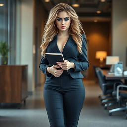 A full-length, head-to-toe photograph of a sexy and curvy young woman with very thick, long, messy dirty blond hair