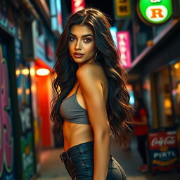 A hot, sexy girl with captivating features and long, wavy hair, dressed in a trendy, figure-hugging outfit that showcases her silhouette