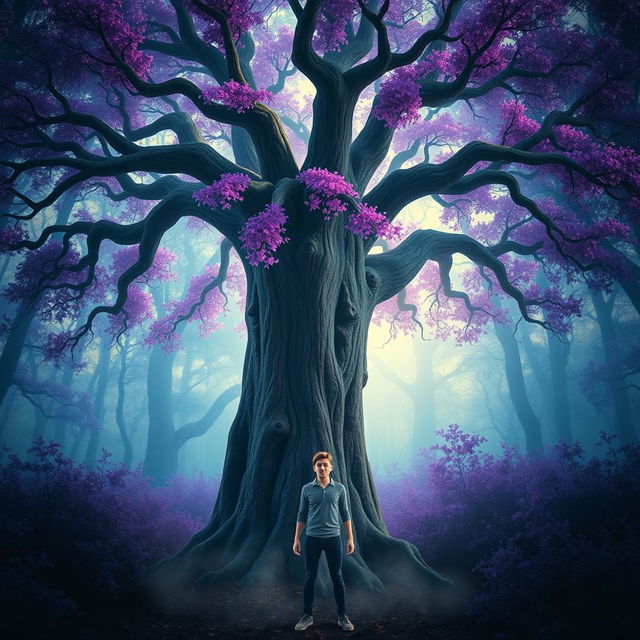 A surreal and imaginative scene featuring a large tree with vibrant purple leaves, towering over a frightened human