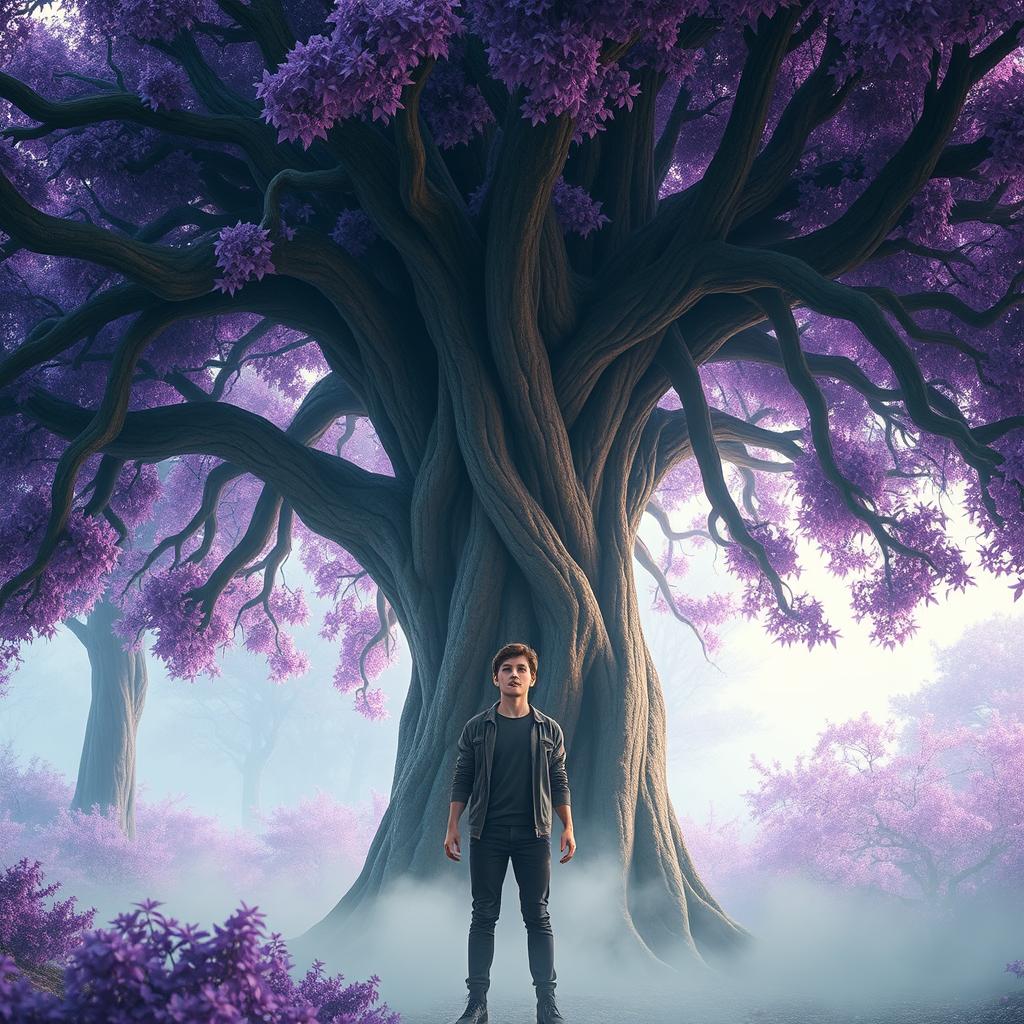 A surreal and imaginative scene featuring a large tree with vibrant purple leaves, towering over a frightened human
