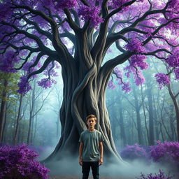 A surreal and imaginative scene featuring a large tree with vibrant purple leaves, towering over a frightened human