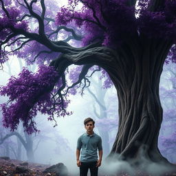 A surreal and imaginative scene featuring a large tree with vibrant purple leaves, towering over a frightened human