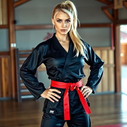 A beautiful athletic woman with blonde hair styled in a short ponytail, confidently standing with her hands on her hips