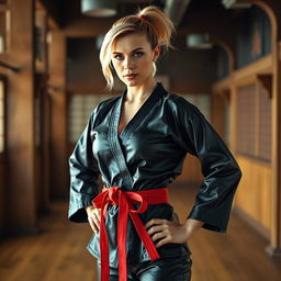 A beautiful athletic woman with blonde hair styled in a short ponytail, confidently standing with her hands on her hips