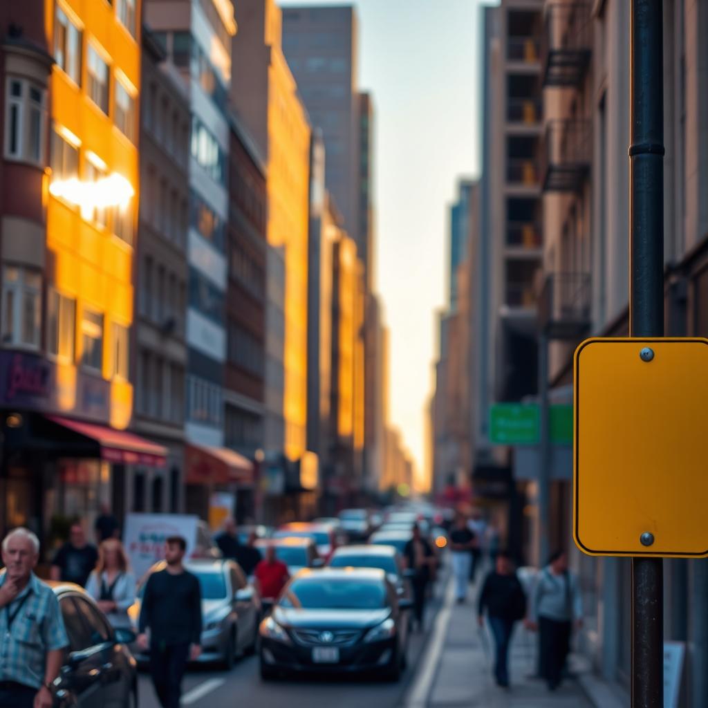 A vibrant city street scene during the golden hour, with buildings reflecting the warm sunlight
