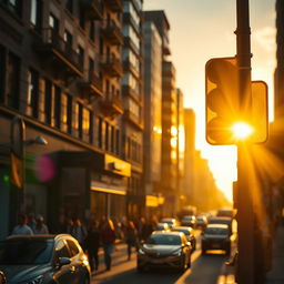 A vibrant city street scene during the golden hour, with buildings reflecting the warm sunlight