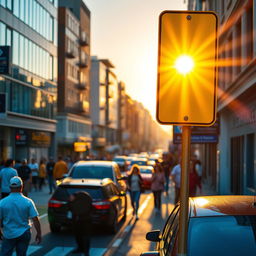A vibrant city street scene during the golden hour, with buildings reflecting the warm sunlight