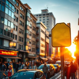 A vibrant city street scene during the golden hour, with buildings reflecting the warm sunlight