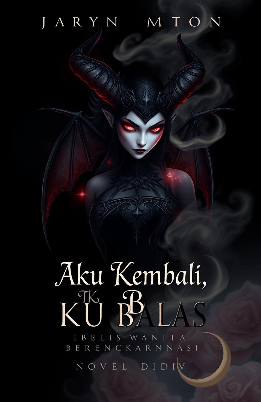 Book cover design for a novel titled 'Aku Kembali, Aku Balas: Iblis Wanita Berengkarnasi'