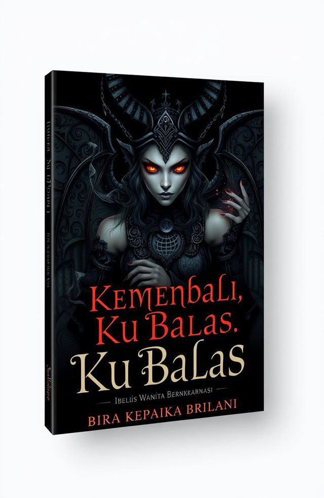 Book cover design for a novel titled 'Aku Kembali, Aku Balas: Iblis Wanita Berengkarnasi'