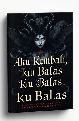Book cover design for a novel titled 'Aku Kembali, Aku Balas: Iblis Wanita Berengkarnasi'