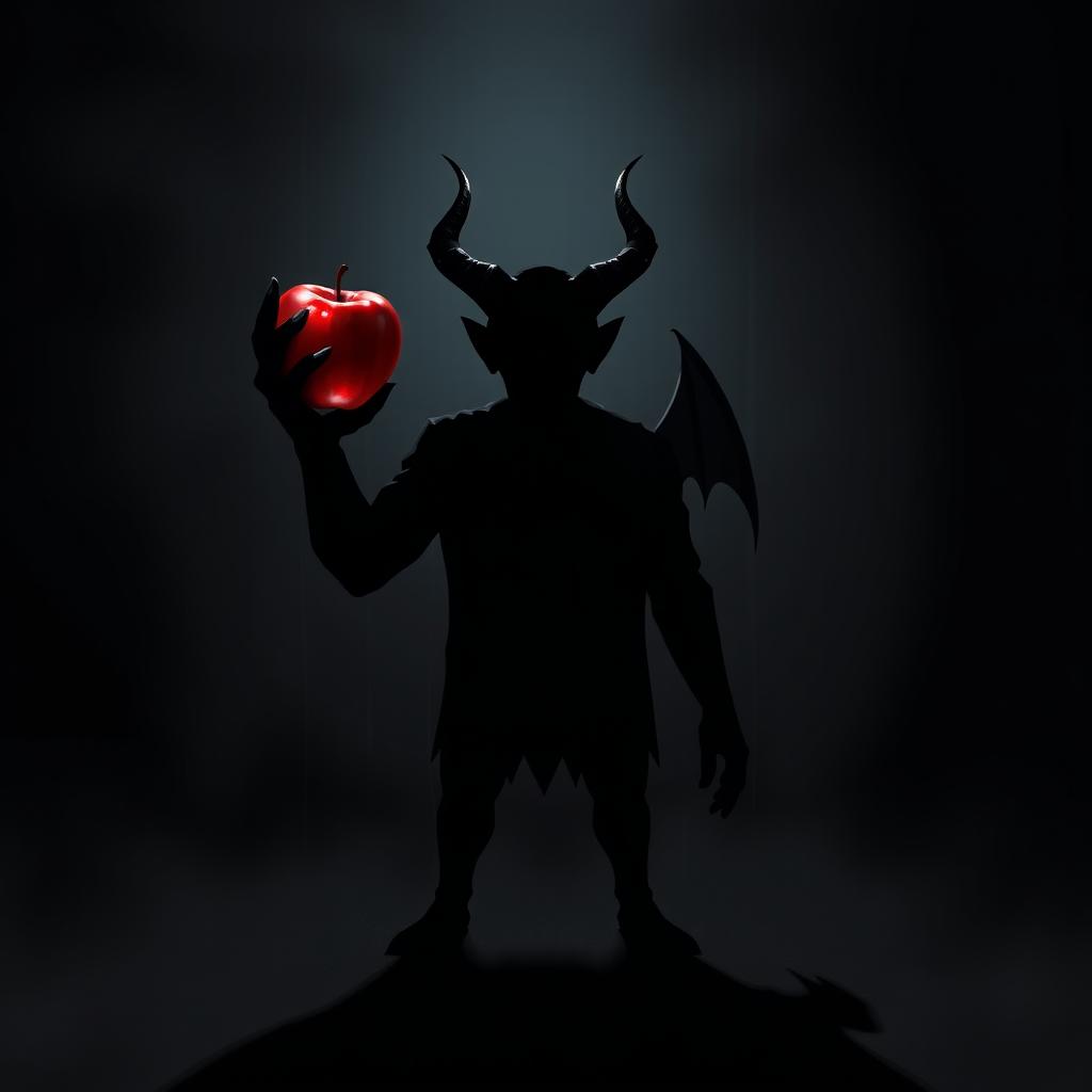 A dramatic illustration of the shadow of a devil-like figure looming against a dark, moody background