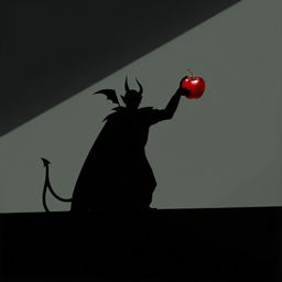 A dramatic illustration of the shadow of a devil-like figure looming against a dark, moody background