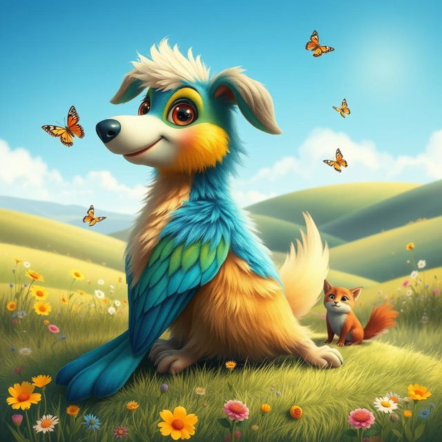 A whimsical fantasy scene showcasing a colorful bird with the body of a fluffy dog