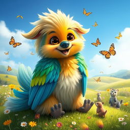 A whimsical fantasy scene showcasing a colorful bird with the body of a fluffy dog