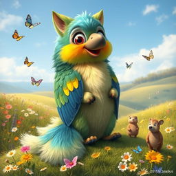 A whimsical fantasy scene showcasing a colorful bird with the body of a fluffy dog