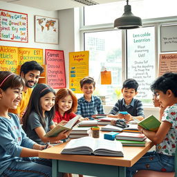 A high-quality, detailed scene illustrating a vibrant learning environment dedicated to education and language