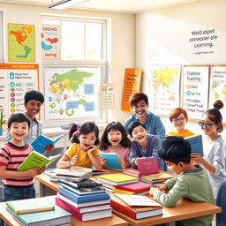A high-quality, detailed scene illustrating a vibrant learning environment dedicated to education and language