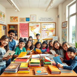 A high-quality, detailed scene illustrating a vibrant learning environment dedicated to education and language