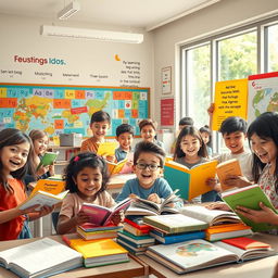 A high-quality, detailed scene illustrating a vibrant learning environment dedicated to education and language