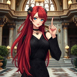 A beautiful and attractive girl with long flowing red hair, wearing an elegant black robe and dress adorned with intricate patterns