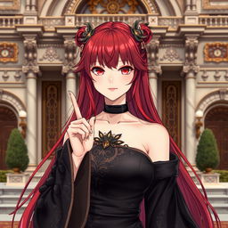 A beautiful and attractive girl with long flowing red hair, wearing an elegant black robe and dress adorned with intricate patterns