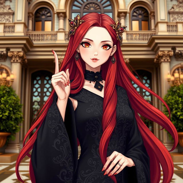 A beautiful and attractive girl with long flowing red hair, wearing an elegant black robe and dress adorned with intricate patterns