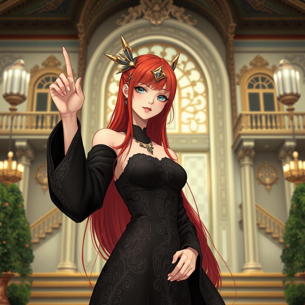 A beautiful and attractive girl with long flowing red hair, wearing an elegant black robe and dress adorned with intricate patterns