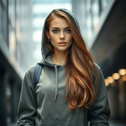 A beautiful woman embodying the balance between strict utilitarianism and natural beauty, sporting a big hoodie and long chestnut hair