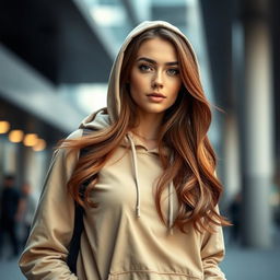 A beautiful woman embodying the balance between strict utilitarianism and natural beauty, sporting a big hoodie and long chestnut hair