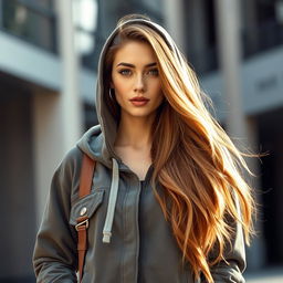 A beautiful woman embodying the balance between strict utilitarianism and natural beauty, sporting a big hoodie and long chestnut hair
