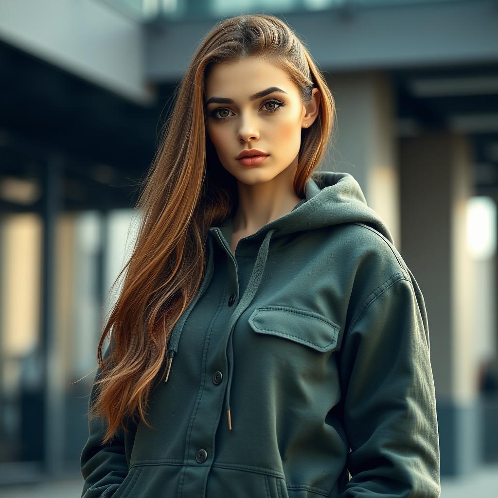 A beautiful woman embodying the balance between strict utilitarianism and natural beauty, sporting a big hoodie and long chestnut hair