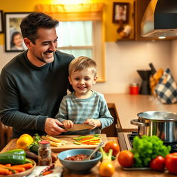 A heartwarming scene of a boy happily cooking dinner with his father in a cozy kitchen