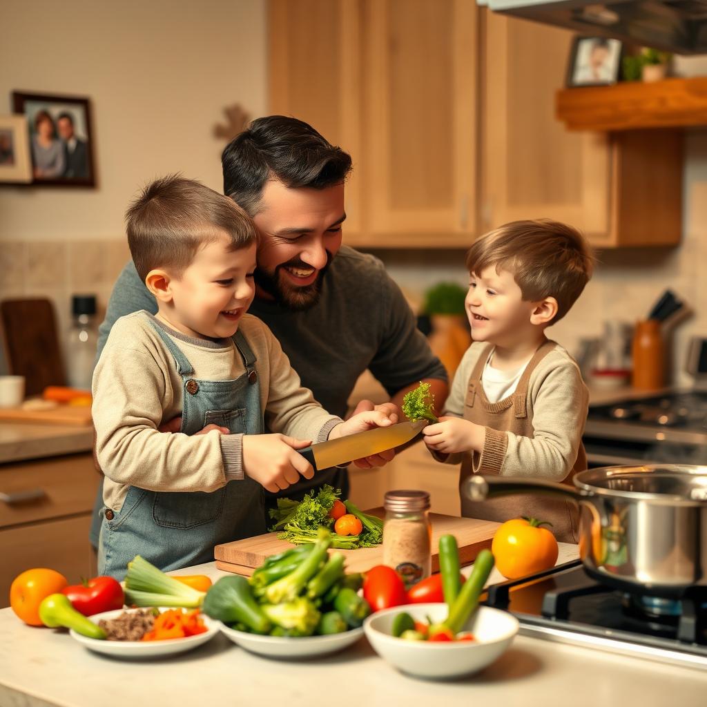 A heartwarming scene of a boy happily cooking dinner with his father in a cozy kitchen