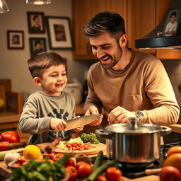 A heartwarming scene of a boy happily cooking dinner with his father in a cozy kitchen
