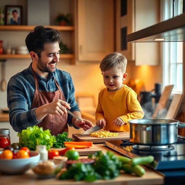 A heartwarming scene of a boy happily cooking dinner with his father in a cozy kitchen