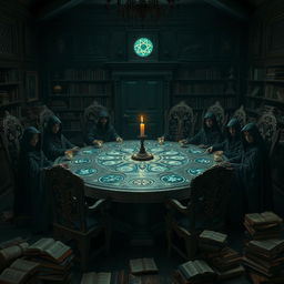 A dark mansion interior, showcasing an ancient stone table adorned with glowing magical symbols