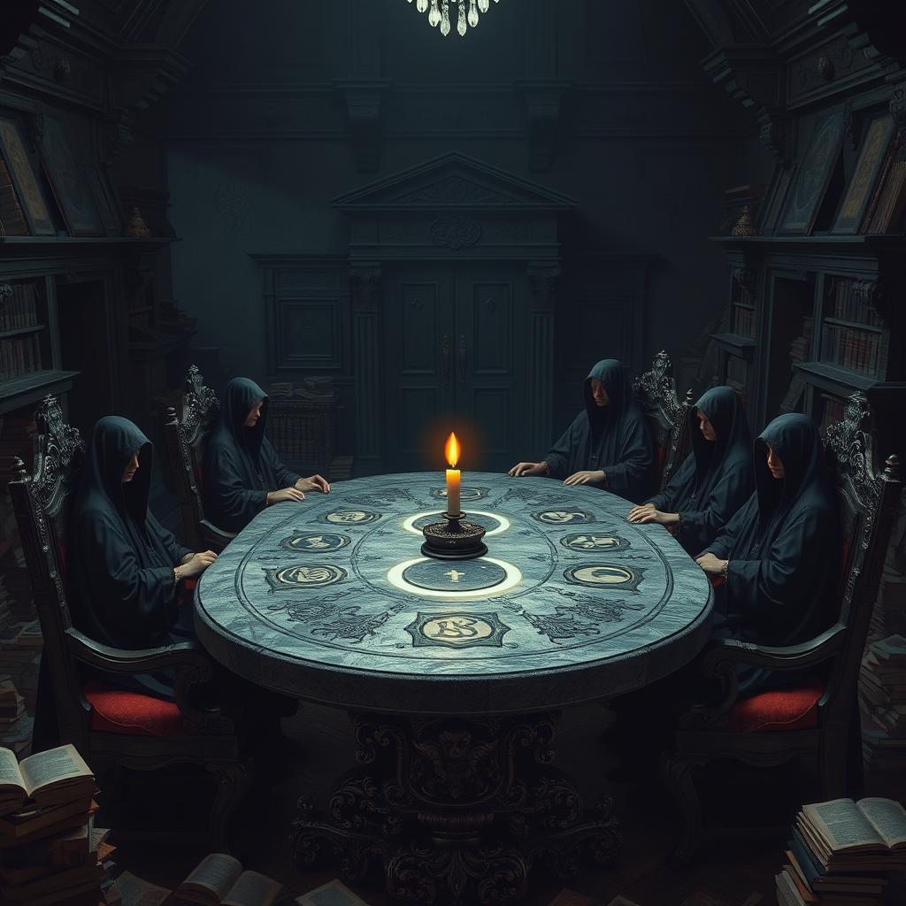 A dark mansion interior, showcasing an ancient stone table adorned with glowing magical symbols