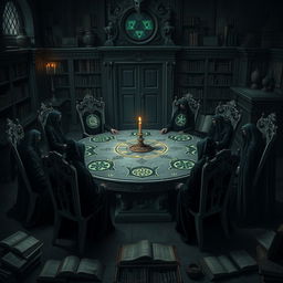 A dark mansion interior, showcasing an ancient stone table adorned with glowing magical symbols