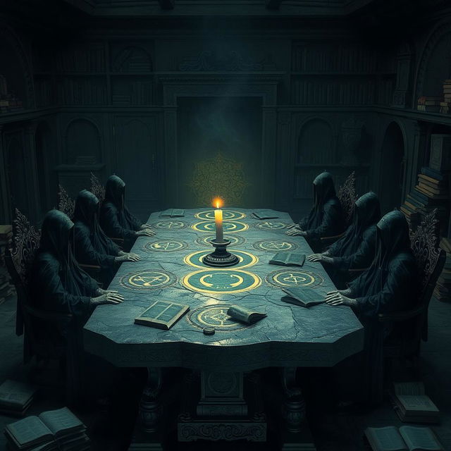 A dark mansion interior, showcasing an ancient stone table adorned with glowing magical symbols