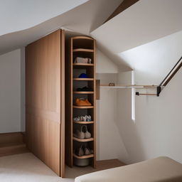 A creatively designed and space-efficient wardrobe built into a nook under a staircase, featuring well-organized compartments, hangers and drawers with aesthetically pleasing interior design.