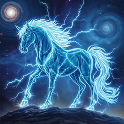 In the captivating style of Dungeons and Dragons character art, a magnificent horse composed entirely of lightning and stars stands majestically