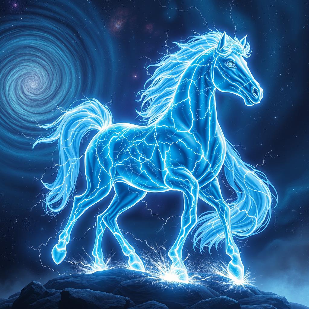 In the captivating style of Dungeons and Dragons character art, a magnificent horse composed entirely of lightning and stars stands majestically